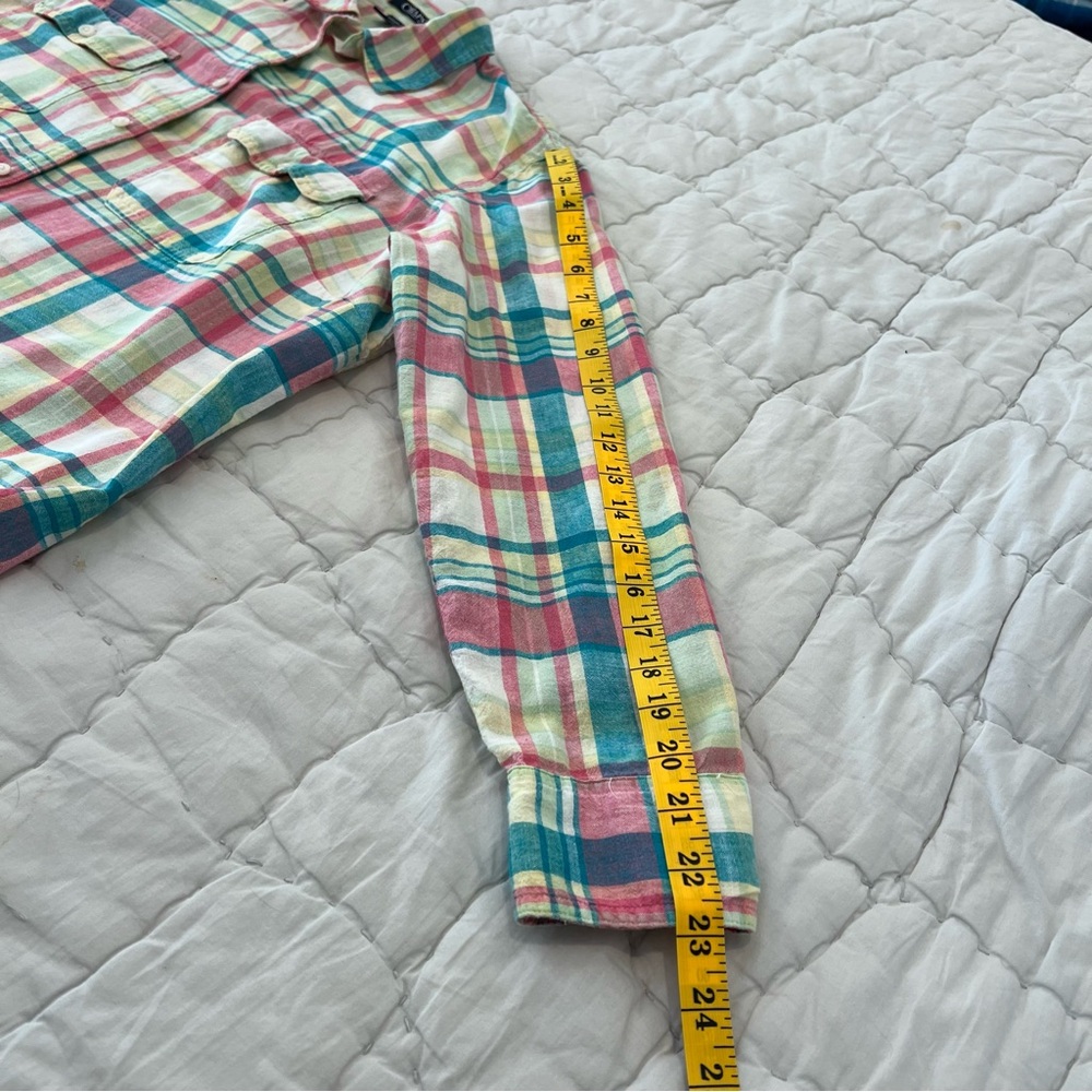 Chaps Womens Linen Blend Button Up Shirt 1X Pink Green Plaid Coastal Preppy - Picture 10 of 11
